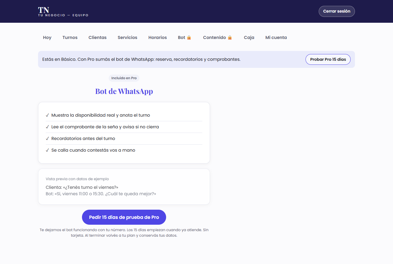 Bot de WhatsApp (se activa con Pro): pantalla de ejemplo