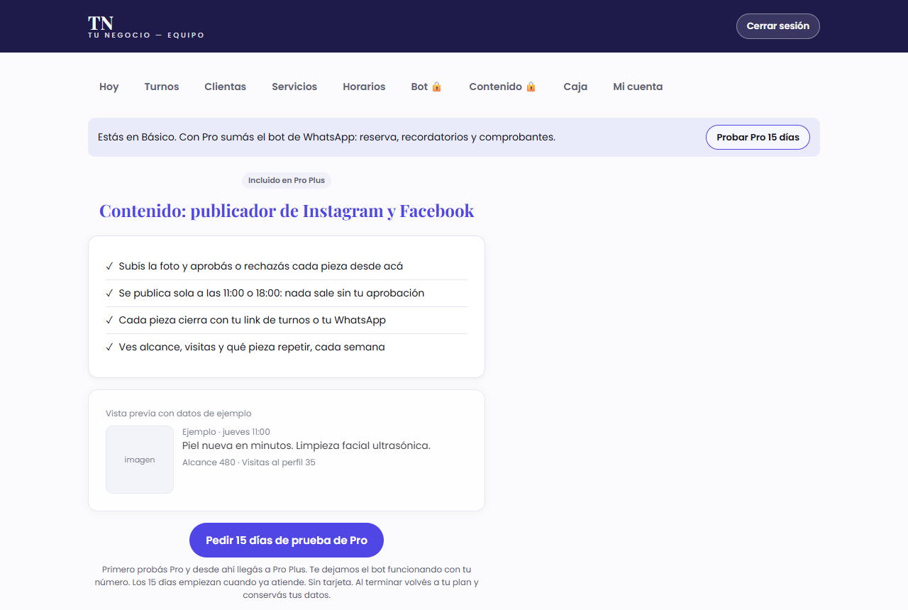 Contenido (se activa con Pro Plus): pantalla de ejemplo