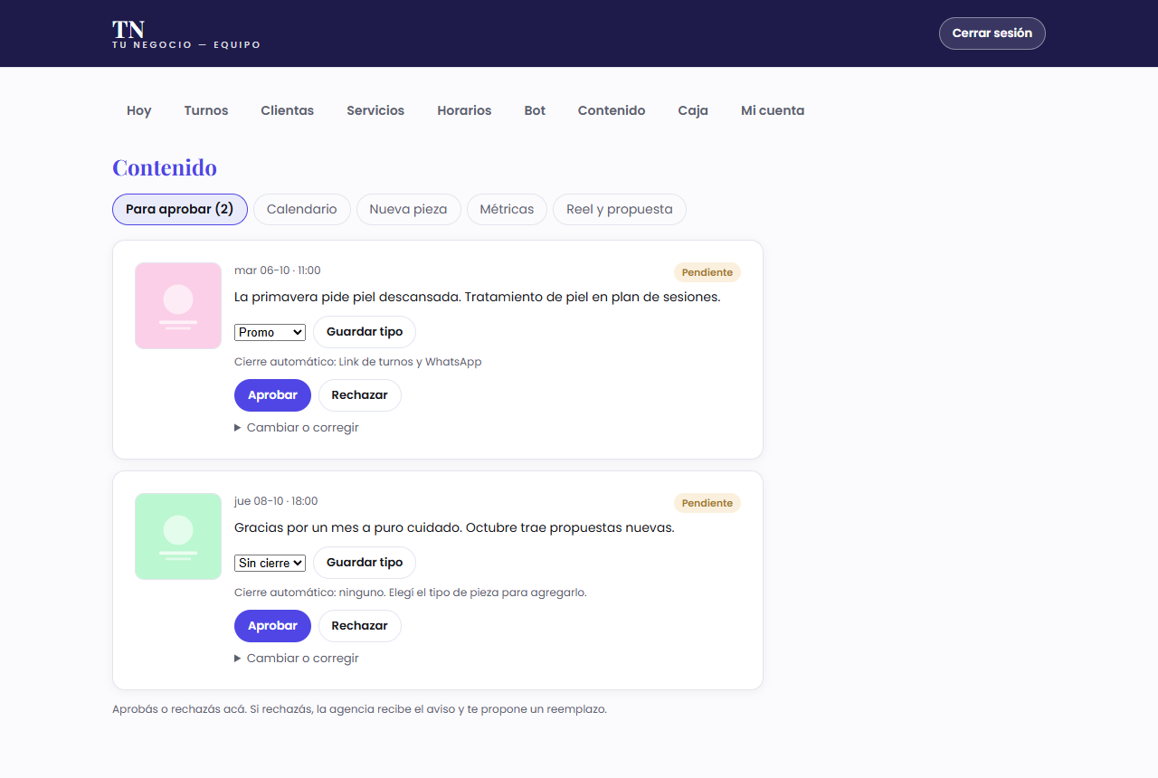 Aprobá tus publicaciones: pantalla de ejemplo